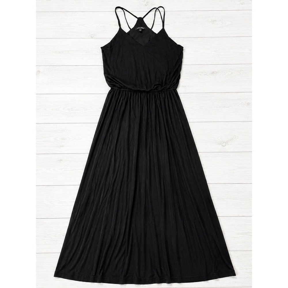 Papermoon Black Maxi Dress Womens MP Petite Double Strap V-Neck Side Slit Jersey